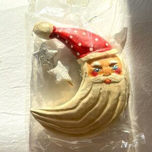 NWT Vintage Dept 56 Wood Santa Claus Crescent Moon White Dangling Stars 3.5"